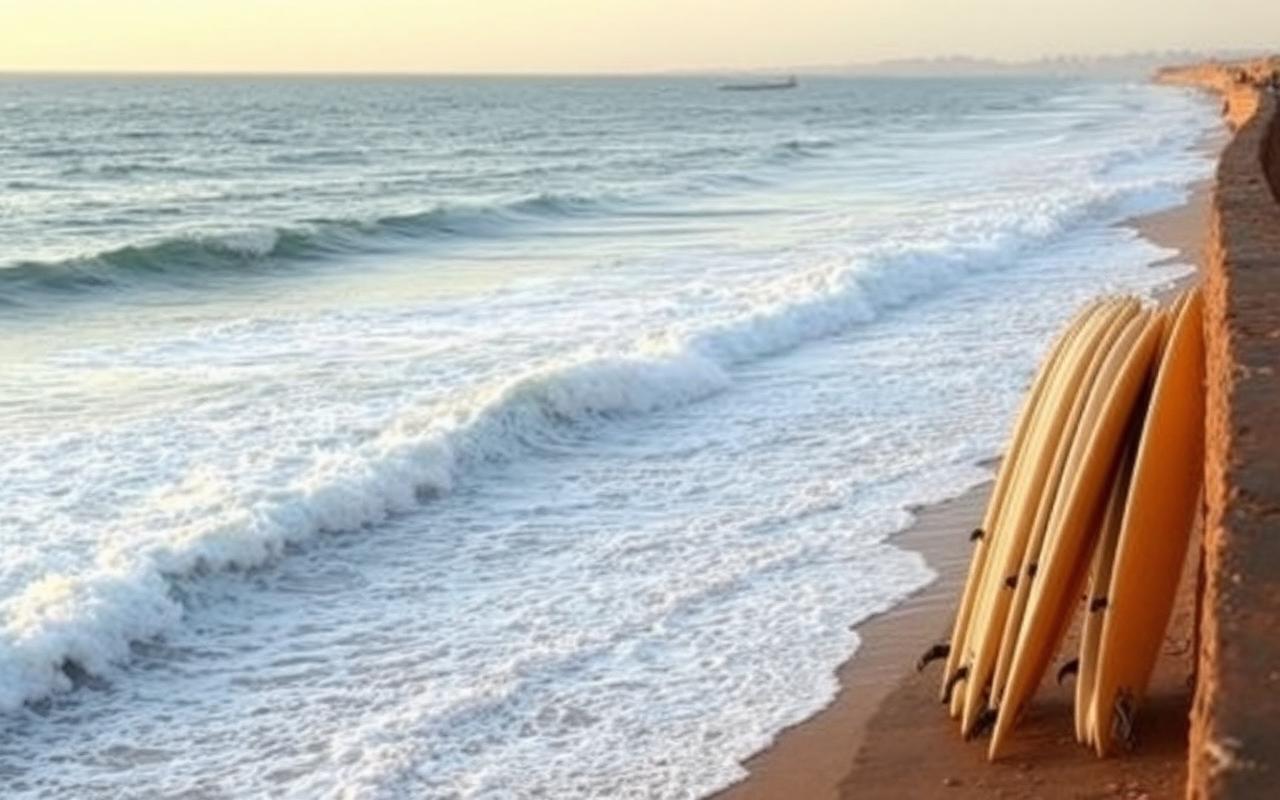 Vagues et planches de surf sur la plage d'Imsouane