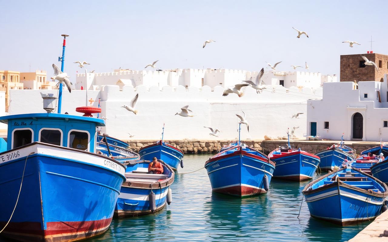 Port d'Essaouira, barques bleues et remparts blancs