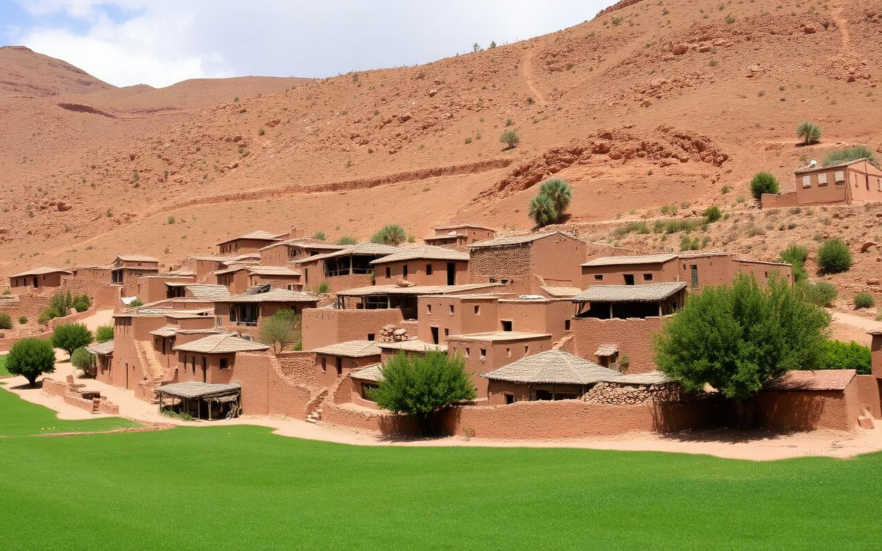 Village berbère en pisé et grenier collectif dans la vallée heureuse