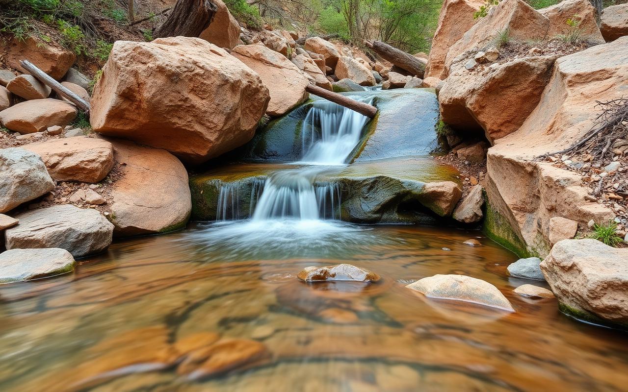 Source et petite cascade au milieu des rochers de la vallée