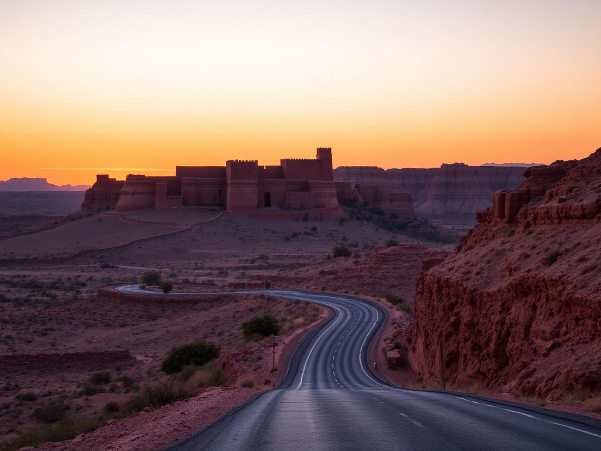 Route sinueuse menant à une kasbah au coucher du soleil