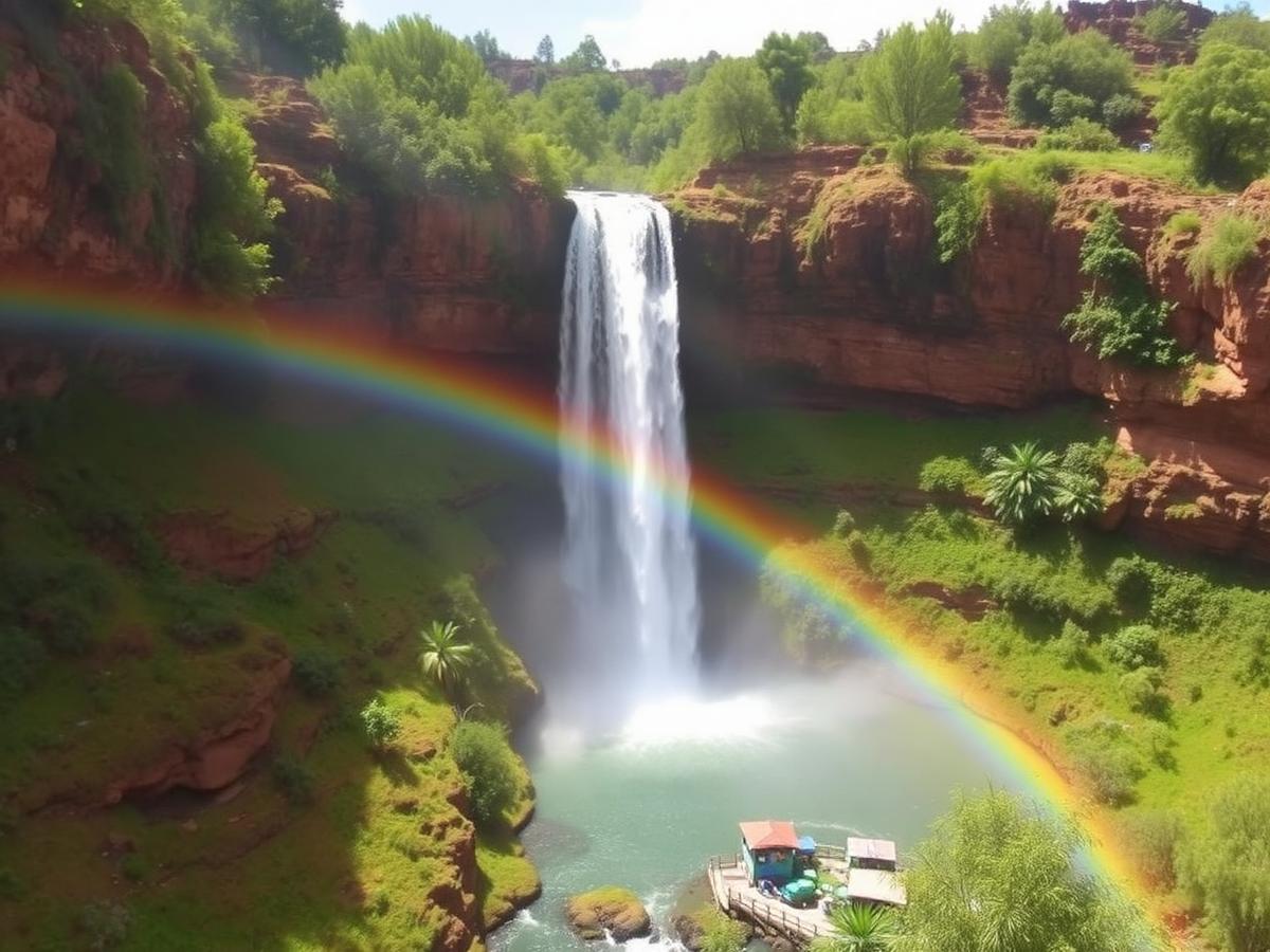 Cascades entourées de végétation avec un arc-en-ciel
