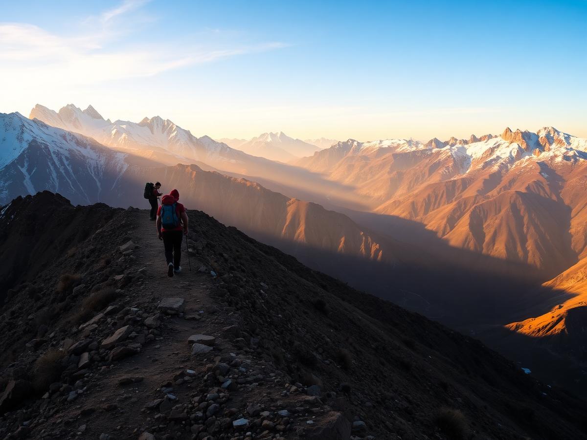 Randonneurs sur une crête du Haut Atlas au lever du jour