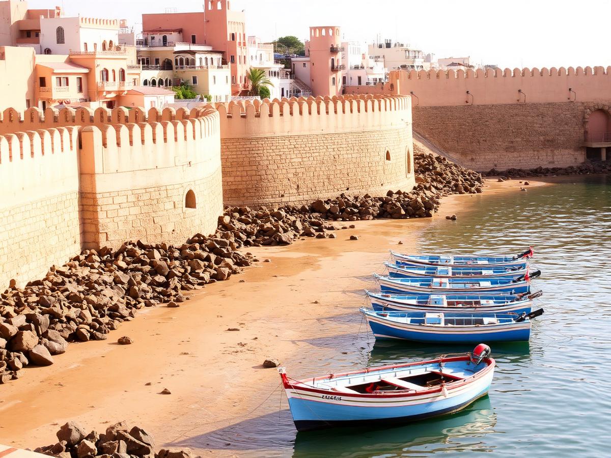 Remparts et barques bleues en bord de mer à Essaouira