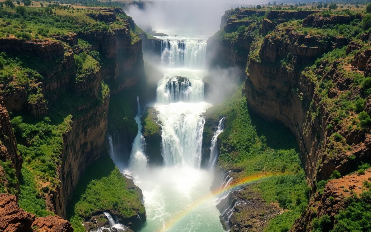 Cascades d'Ouzoud vues d'en haut avec arc-en-ciel et gorge verdoyante