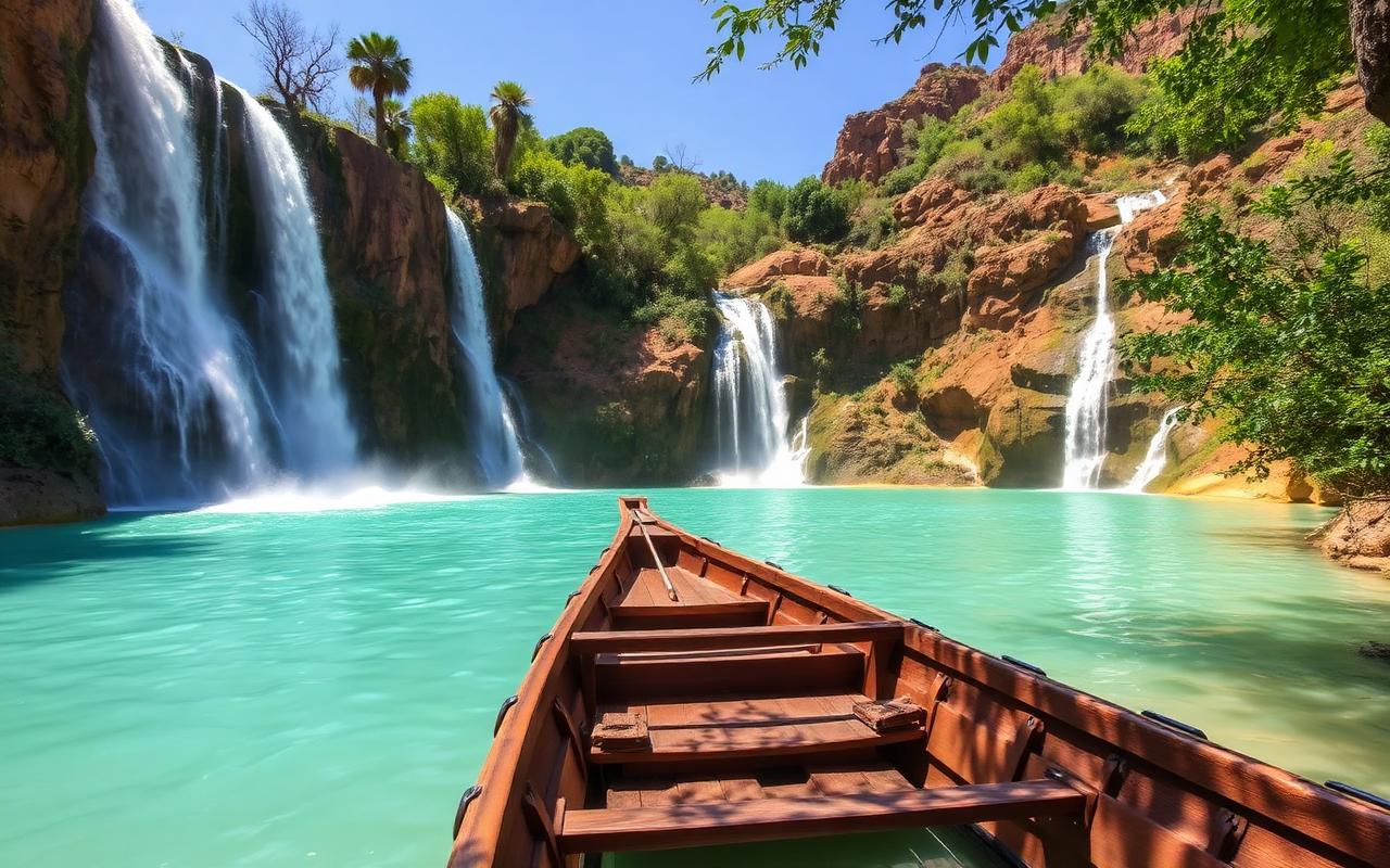 Vue des cascades d'Ouzoud depuis le bas avec barque traditionnelle