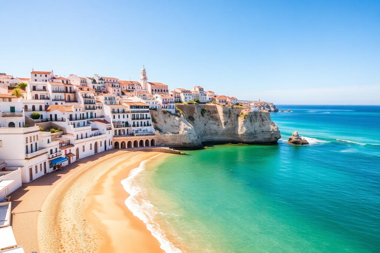 Plage et vieille ville blanche d'Albufeira au Portugal