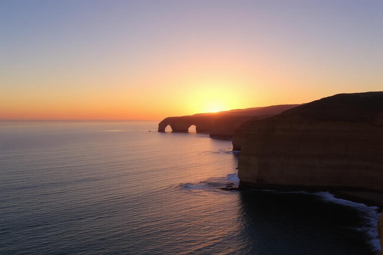 Falaises dorées de la côte de l'Algarve au coucher du soleil