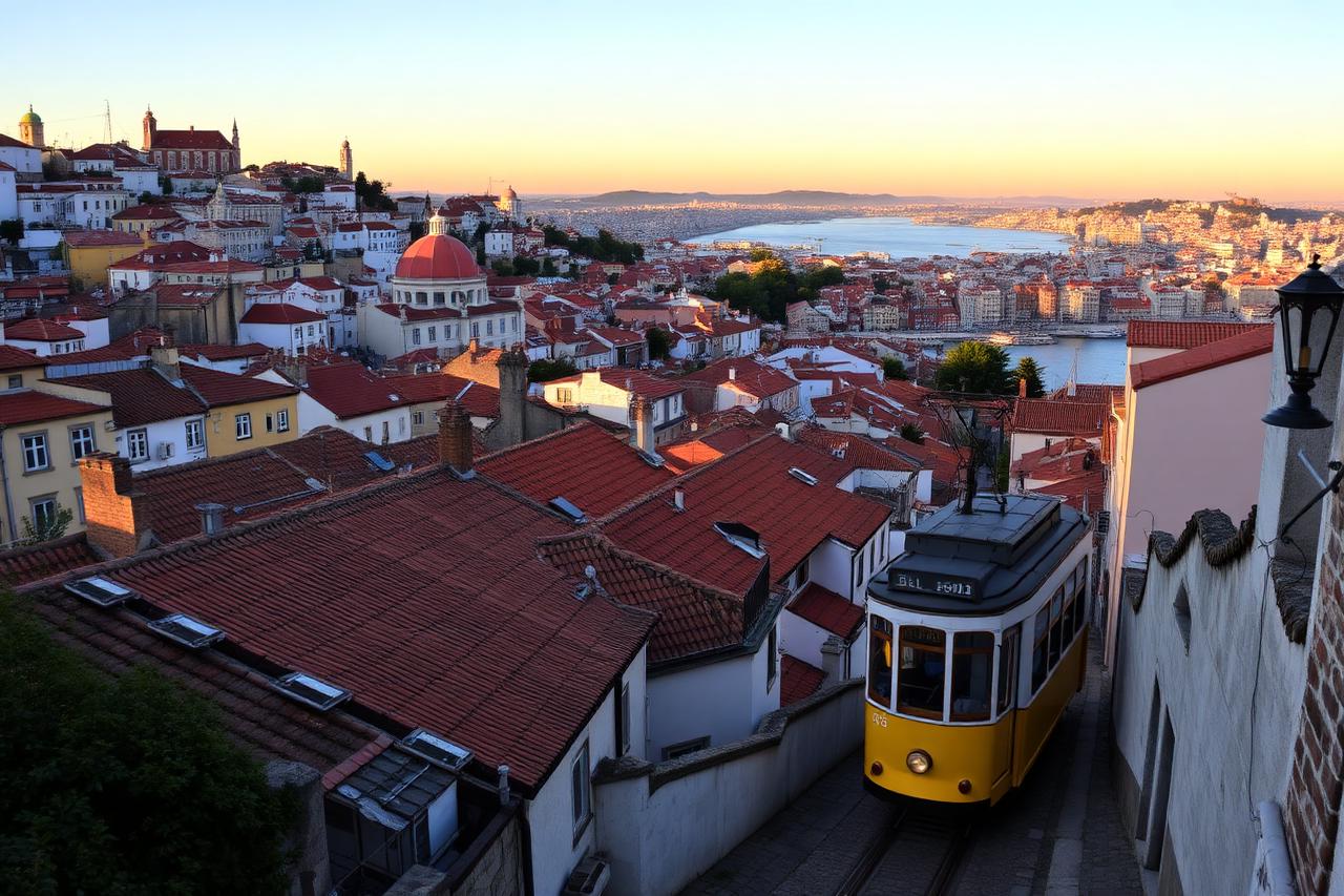 Toits de Lisbonne et tramway jaune au coucher du soleil