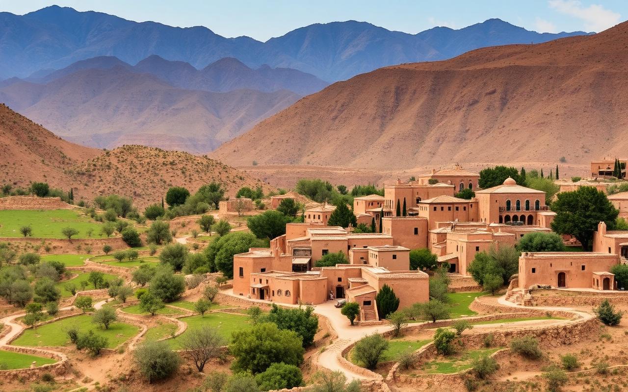 Village berbère et cultures en terrasses dans la vallée d'Imlil
